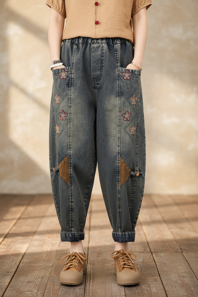 Patchwork Embroidery Cropped Harem Pants