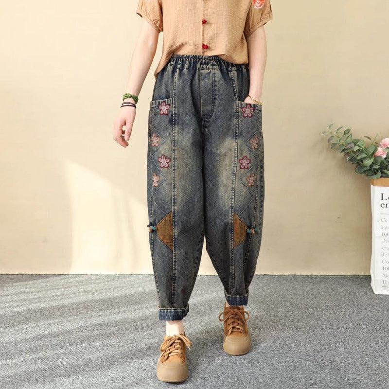 Patchwork Embroidery Cropped Harem Pants