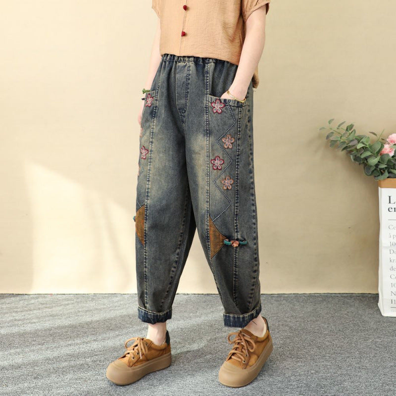 Patchwork Embroidery Cropped Harem Pants