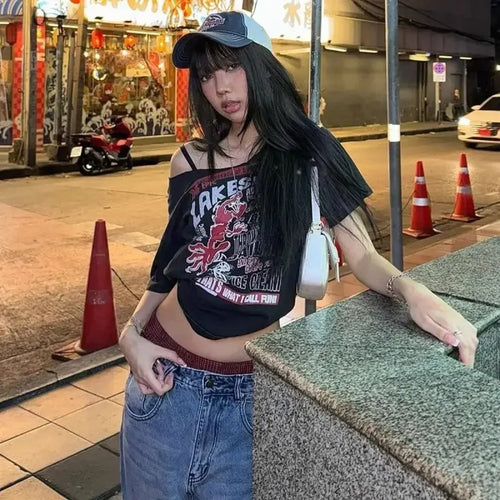Black Off-Shoulder Graphic Tee
