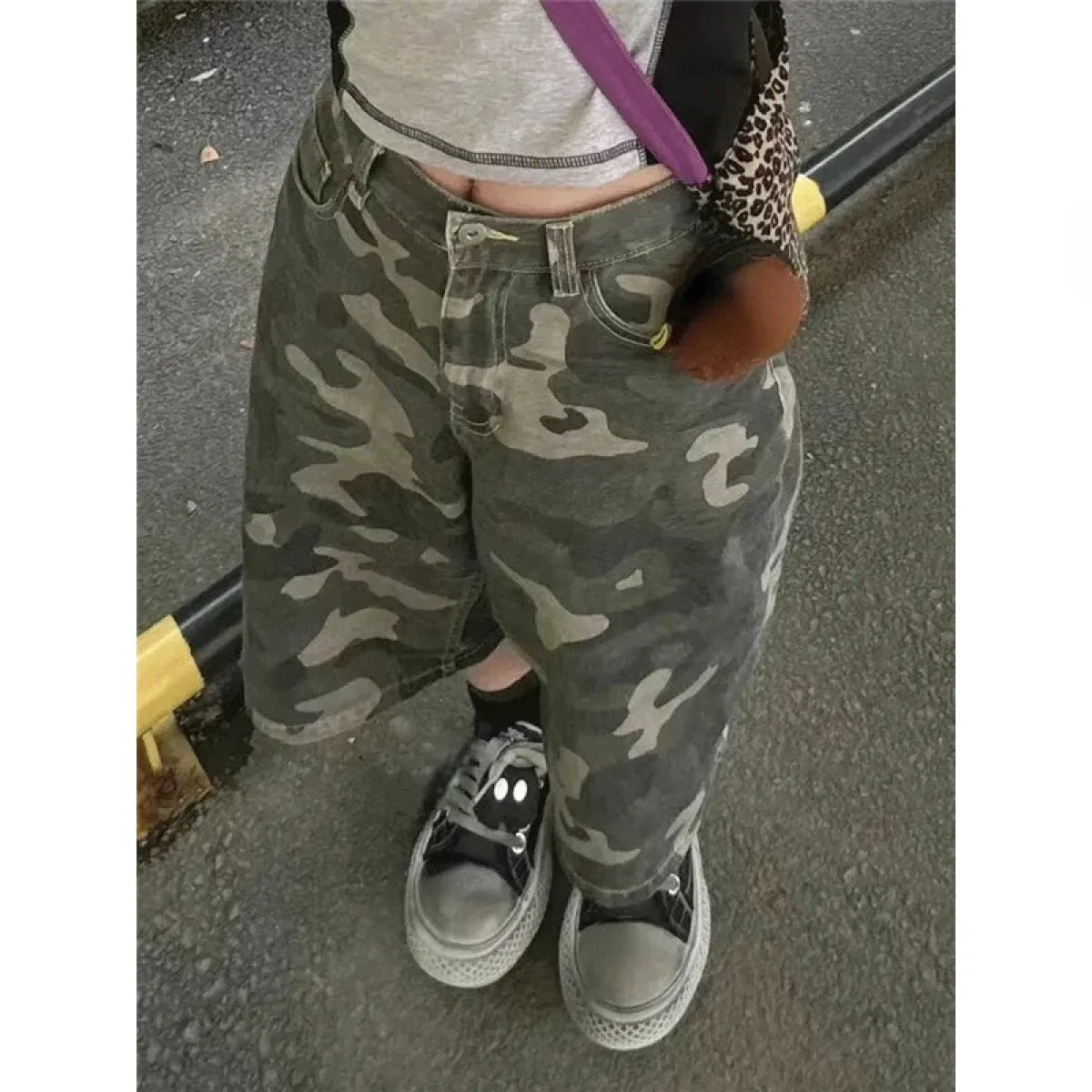 Camo Wide Leg Denim Shorts